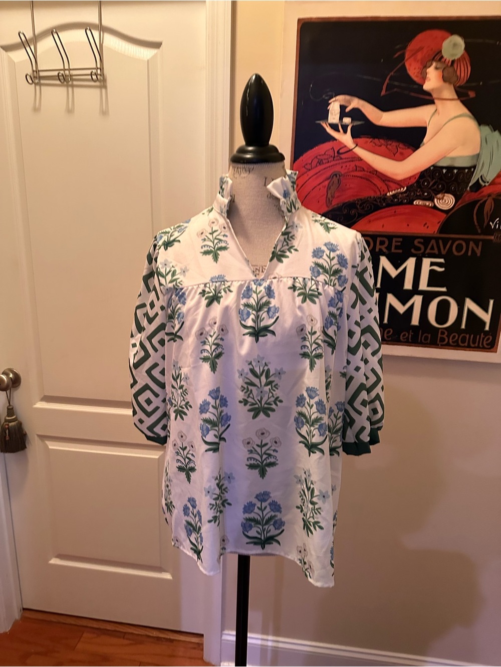 Women's White Tunic with Green Floral Print and Patterned Sleeves